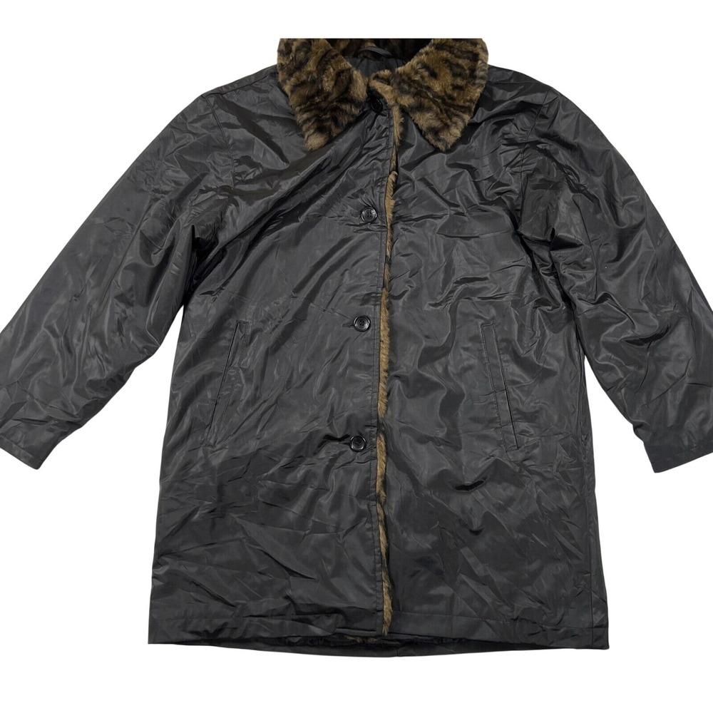 Atlantic Beach Black Leopard Faux Fur Trim Button Up Jacket Small PVC Overcoat